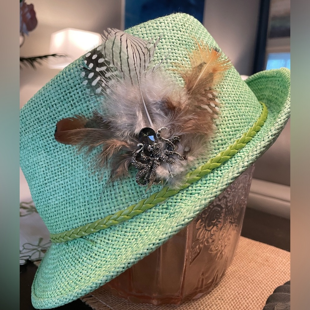 Bespoke straw sun-kissed green hat perfect especially for Easter Sunday.